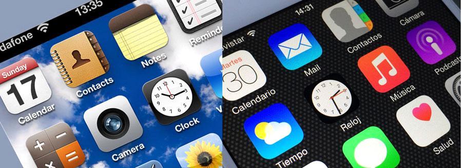 Слева - иконки приложений iOS 6, справа - иконки iOS 8